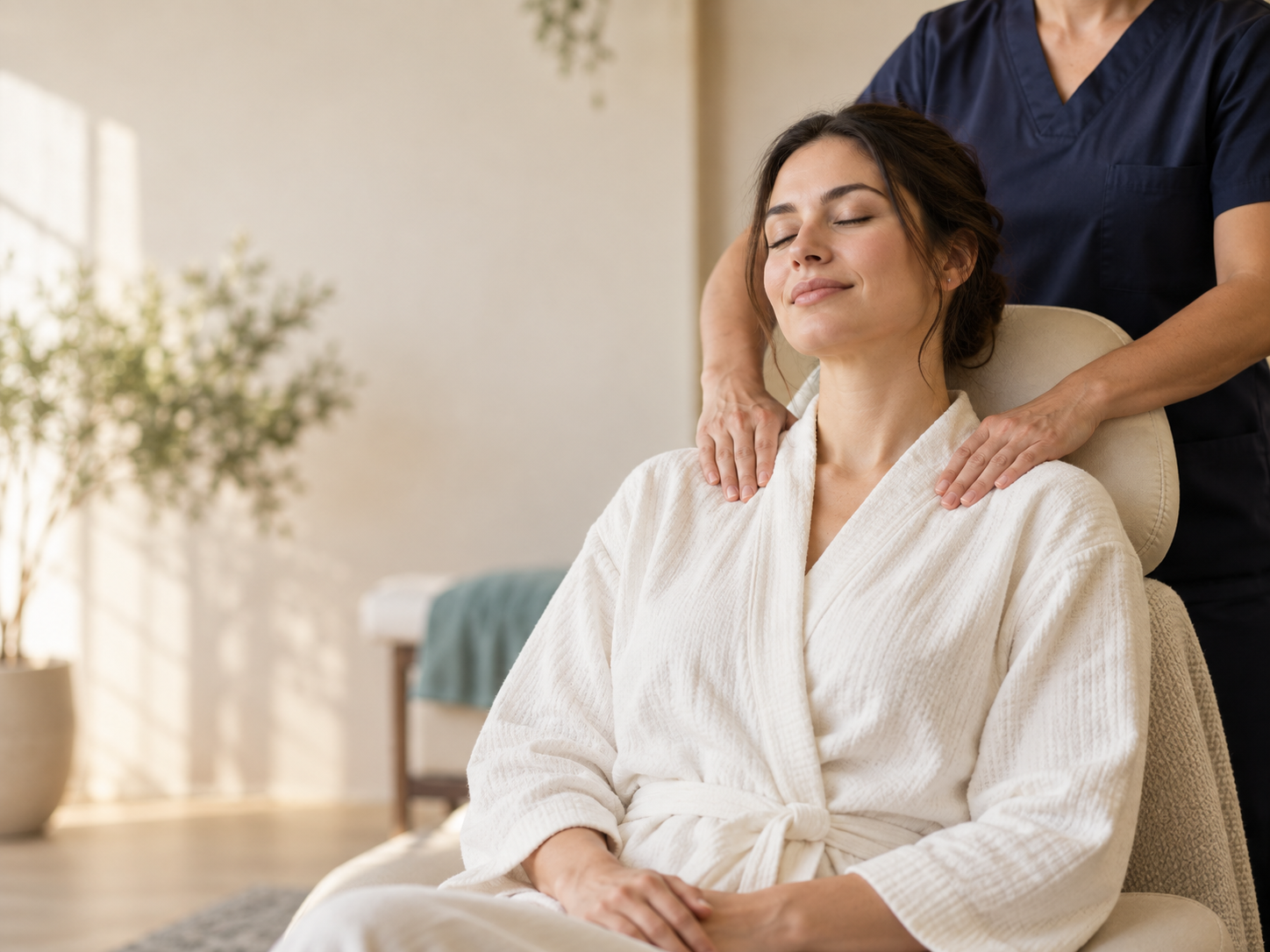 A guest relaxing while receiving a seated shoulder massage