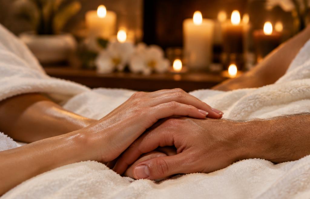 Two guests resting side by side after a couples massage